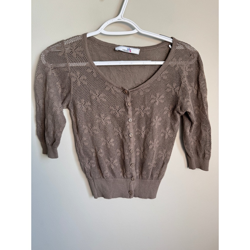 L'Adore Brown Floral Pointelle Knit Cardigan 3/4 Sleeve Coquette Cottagecore S‎